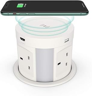 Automatic Pop up Outlets for Kitchen Worktops, THOWALL Pop up Plug Socket with Wireless Charging 2 USB-A Ports, Surge Protection, 4UK Plug, 1RJ45 Port, 1 HDMI Port