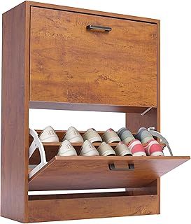 2 Drawer Shoe Cabinet, Pull Down Wooden Shoe Storage Organiser Cupboard Unit Hallway Furniture, 2 tier Modern Shoe Rack Cabinet Footwear Stand for Shoes, Oak, 60W x 24D x 80H cm