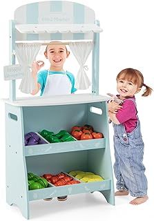 Kids Farmers Market Play Shop, Wooden Children Play Food Store with 36 Cuttable Fruits & Vegetables Toys, Fabric Curtains, Advertising Sign, Toddler Pretend Grocery for Girls Boys (Blue)