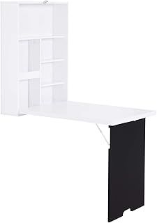 HOMCOM Folding Wall-Mounted Drop-Leaf Table, Convertible Wall Table With Chalkboard and Storage Shelf, Multifunctional Floating Desk for Home Office, White