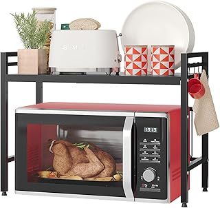 NETEL Expandable Microwave Shelf,2 Tier Microwave Stand with 8 Hooks,air fryer shelf stand,Microwave Oven Rack, Desktop Printer Shelf Rack, Bakers Rack,Kitchen Countertop Organiser Shelves