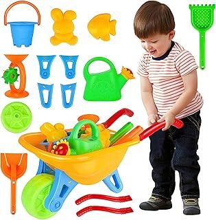 deAO Kids Wheelbarrow Gardening and Beach Toys, Toddler Gardening Set, Wheelbarrow Set, Outdoor Toys Activities with Accessories Including Bucket Spade Rake, Summer Toys