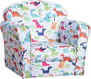HOMCOM Children Armchair Kids Sofa Tub Chair Seat Cartoon Dinosaur Pattern Bedroom Flannel Wooden Frame Non-slip Playroom Seater