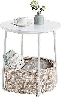 VASAGLE Side Table, Round End Table with Fabric Basket, Spacious, for Living Room Bedroom, Bedside Table, Modern Style, White and Beige LET223W10