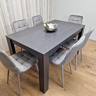 KOSY KOALA Dining Table and 6 Chairs Black Dark Grey 6 Grey Velvet Chairs Wood Dining Set Furniture