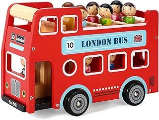 SOKA Wooden Original Double Decker Red Classic London Sightseeing Bus with Driver & Passenger Figurines Toy Playing Set Miniature Display Model Figures for Kids Children Girls Boys Ages 3 year old +