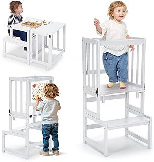 COSYLAND 3-In-1 Toddler Kitchen Stool Helper – Convertible Standing Tower With Whiteboard for Kids – Children's Bathroom Kitchen Counter Helper – Mothers' Helper Tower Learning Stool (White)