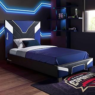 X-Rocker Cerberus Gaming Bed, 3ft Single Bedstead Frame, Wooden Slats, PU Faux Leather Upholstered Headboard, Low Footboard, Ideal for Teens, Kids, Children, Gaming Inspired Blue Black White 90x190cm
