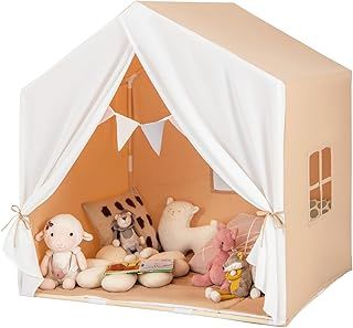 COSTWAY Kids Play Tent, Large Playhouse with Washable Cotton Mat, Breathable Windows and Flag Banner, Indoor Outdoor Castle Tents for Children Boys & Girls Gift (Pink)