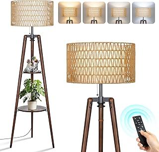 OUTON Tripod Floor Lamp Rattan & Linen Double Shades, Dimmable & 3000K-6000K Adjustable Color Temperature, Farmhouse Standing Lamp with Remote, Boho Floor Lamp with Shelves for Living Room, Bedroom