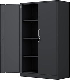 iJINGUR Metal Storage Cabinet with Locking Doors and 3 Adjustable Shelves, Lockable Steel Storage Cupboard for Home Office Garage Pantry (Black)