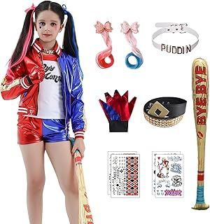 Alaiyaky Quinn Costume Suit, Villain Fancy Dress Halloween Costume Jester Outfit with Jacket T-shirt Shorts Glove Wig Belt Stocking Balloon Tattoo, World Book Day Costumes for Girls Women