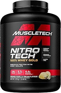 MuscleTech NitroTech 100% Whey Gold Protein Powder, Build Muscle Mass, Whey Isolate Protein Powder & Peptides, Protein Shake For Men & Women, 5.5g BCAA, 71 Servings, 2.27kg, French Vanilla Cream