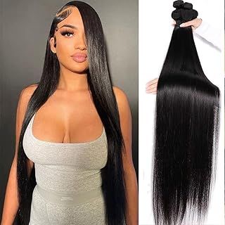 Brazilian Straight Human Hair Bundles 100% Unprocessed Virgin Human Hair Extensions 3 Bundles Double Wefts Natural Black Color for Women, 14 16 18 Inch