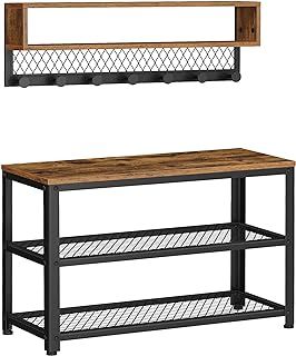 VASAGLE Coat Rack Shoe Bench Set, Hall Tree with Bench, Hallway Furniture, Multifunctional, Dot Coat Hooks, 2-Tier Shoe Rack, Industrial Style, for Entryway, Hallway, Heather Greige LCR073K02