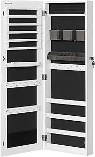 SONGMICS Jewellery Cabinet Armoire, Lockable Wall-Mounted Storage Organiser Unit with 2 Plastic Cosmetic Storage Trays, Full-Length Frameless Mirror, for Necklace Earring, White JJC001W01