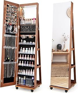 COSTWAY 360° Swivel Jewellery Cabinet, 3-Color LED Lights Lockable Jewelry Armoire with Full Length Mirror, Large Storage and Wheels, Mobile Freestanding Jewellery Organiser Unit Gift (Brown)