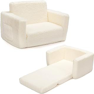 Kids Sofa Bed 2-in-1 Flip Out Cuddly Sherpa Toddler Couch Convertible Chair to Lounger Children Sofa Bed Children's Day and Birthday Gift for Girls Boys, White