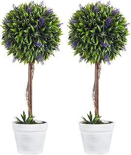HOMCOM Set of 2 Decorative Artificial Plants Ball Trees with Lavender Flowers in Pot Fake Plants for Home Indoor Outdoor Decor, 60cm