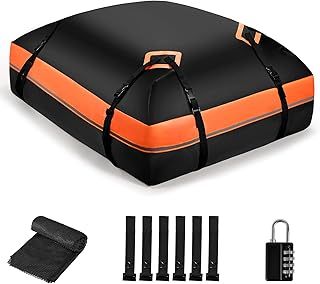 Car Roof Bag, 425L Folding Waterproof Roof Bag, with 840D Three-Layer Waterproof Solid PVC, 1 Roof Bag, 1 Non-Slip Mat, 6 Door Hooks, 1 Combination Lock，for Cars with/Without Rack（425L/ 840D)