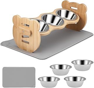 Raised Cat Bowls, Tilted Elevated Dog Bowls 3 Angles Adjustable, Food Feeding Station for Small Dog, 4 Stainless Steel Cat Food Bowls in Stand, Water Stand Pet Feeder Set for Cats and Puppy