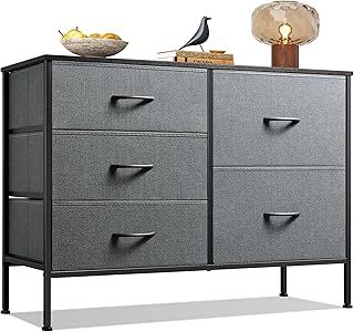 Chest of Drawers, 5 Fabric Drawers Cabinet with Easy Pull Handle, Wood Top and Sturdy Steel Frame for Bedroom, Living Room, Black Walnut