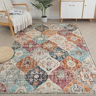 Moroccan Trellis Washable Living Room Rug - Retro Floral Non-Slip, Large Oriental Accent Cream Throw Indoor Rug for Nursery Bedroom Office Carpet