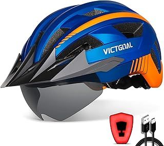 Bike Helmet with USB Rechargeable LED Light Removable Magnetic Goggles Visor Breathable Mountain Bicycle Helmet for Unisex Men Women Adjustable Cycle Helmets