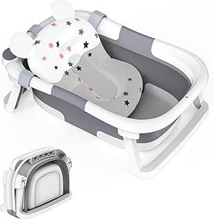 Foldable Baby Bath tub,Collapsible Toddler Bathtub with Baths Support Cushion Pad Seat Mat,Baby Bathtub Newborn to Toddler 0-24 Months,Baby Essentials for Newborn Portable Travel Baby Bath Tub