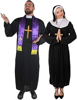 COUPLES COSTUMES PRIEST & NUN FANCY DRESS - MENS BLACK PRIEST ROBE & PURPLE SCARF + LADIES NUNS BLACK TUNIC WITH WHITE COLLAR & BLACK COWL + BELT + GOLD CROSS BY ILOVEFANCYDRESS® IN SMALL - XXL