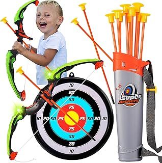 HYAKIDS Bow and Arrow Set Kids, Archery Set Indoor Outdoor Garden Games for Kids with LED Lights, 10 Suction Cups Arrows, Bows, Targets, Quiver, Shooting Target Game for Boys Girls