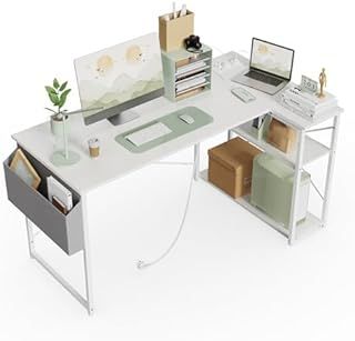 BEXEVUE Small L Shaped Desk with Power Outlets - 100x70cm Corner Computer Desk Writing Table, Reversible Large Storage Shelves, Bookshelf Workstation for Study Play Work Bedroom Home Office White
