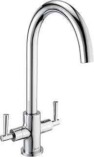 Deva NTN104 Twin Lever Kitchen Sink Mixer Tap with Chrome Finish Swivel Spout - Deck Mount Large Easy Flow Hot & Cold Dual Silver Handles - for Dual Single Basin - 12 Year Warranty