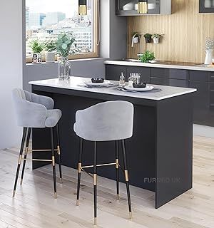 Furneo Kitchen Island Modern Breakfast Bar Shelves Graphite & Marble Effect KI02
