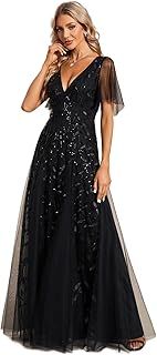 Ever-Pretty Women's V Neck Short Sleeve Elegant Floor Length A Line Long Tulle Evening Dresses 00734