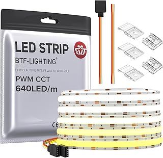 BTF-LIGHTING FCOB COB CCT Flexible High Density LED Strip 16.4FT/5M 640LEDs/m Tunable 3000K-6000K CRI＞90 Dimmable Deformable LED Light Ribbon for Bedroom Kitchen Home Indoor Decoration DC24V 14W/M