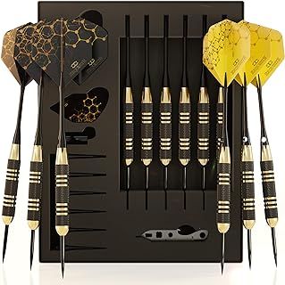 Professional Steel Tip Darts Set - 6 x 22g Brass Barrels with 12 Flights Standard/Slim, 12 Aluminum Shafts 35/48mm, 12 O-Rings, Dart Tool, Dart Sharpener and Case…
