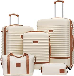 COOLIFE Suitcase Trolley Carry On Hand Cabin Luggage Hard Shell Travel Bag Lightweight with TSA Lock,The Suitcase Included 1pcs Travel Bag and 1pcs Toiletry Bag (White/Brown, 5 Piece Set)