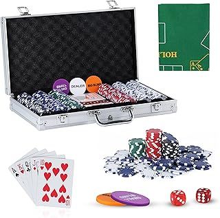 Texas Holdem Poker Set, 300 Piece Set in Aluminium Case with 11.5g Heavyweight Chips, 1 double-sided reversible Flet Mat, 2 Decks Playing Cards, 5 Dice, Dealer, Big Small Blind Button