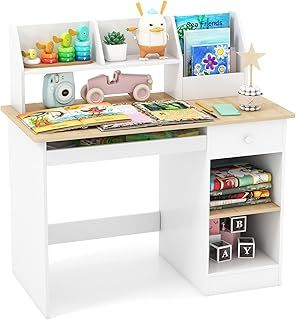 COSTWAY Kids Study Desk, Wooden Children Table with Drawer, Shelves, Hutch, Keyboard Tray, School Students Workstation for Studying, Reading and Drawing (Natural+White)