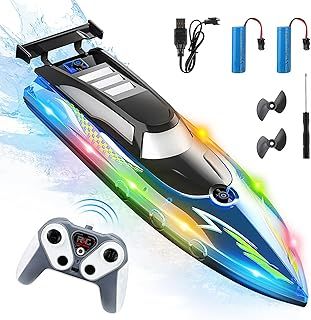 Remote Control Boat, 2.4 GHZ Waterproof Electric High Speed Boat with 2 Rechargeable Batteries & LED Light Wireless Electric Ship Racing Boat for Kids Adults Children Outdoors Pool Lake River