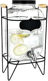 Navaris Drinks Dispenser with Tap and Stand - 5L Glass Drink Jar with Stainless Steel Tap and Metal Wire Stand - For Cold Beverages, Ice Water