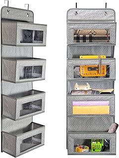 BrilliantJo Over Door Storage Organiser, 4 Pockets Soft Fabric Hanging Storage Organizer with Clear Window for Pantry Baby Nursery Bathroom, Grey-white