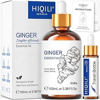 HIQILI Pure Ginger Essential Oil for Lymphatic Drainage, Swelling Pain, Skin, Hair, Diffuser,Large Bottle with Dropper-100ml