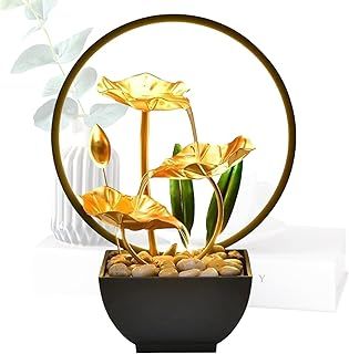 Indoor Tabletop Fountain,3-Tiers Lotus Leaf Small Waterfall Fountains,Resin Meditation Fountain,Zen Relaxation Fountain,With LED Light And Pebbles,for Home Bedroom Office Yuga Decor (Style 2)