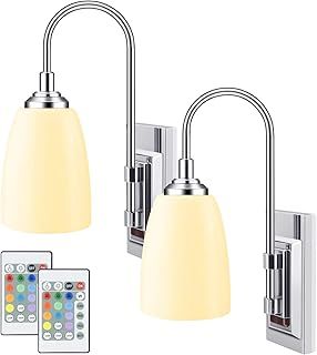 HONWELL LED Wall Light, Battery Operated Wall Lamp, Indoor Wall Sconce with 12 Color Changing, 3000K Warm White LED Wall Lighting for Living Room, Bedroom, Hallway, Staircase, 2 Pieces, Silver