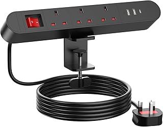 Desk Power Socket with USB C PD20W, Desktop Power Strip 3 Way Plug, Desk Clamp Power Strip with Switch, 2M Extension Lead, 3250W/13A, Black