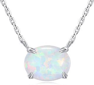 Sterling Silver Opal Necklace, 925 Sterling Silver, Small Dainty Oval Opal Jewelry for Women, Gemstone Necklaces, Womens Jewelry, Simple Rose Gold Necklaces for Women