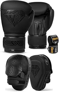 EVO Fitness Matte Boxing pads and Gloves Set Target Focus pads Mitts and Boxing Gloves Hook and Jab Training Sparring MMA Martial Arts Muay Thai Kickboxing Karate
