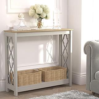 Galano Nova Console Table – Light Grey & Oak – Modern Entryway Table with Storage – Slim Hallway Bookshelf Cabinet – Space-Saving Console for Living Room, Foyer or Bedroom